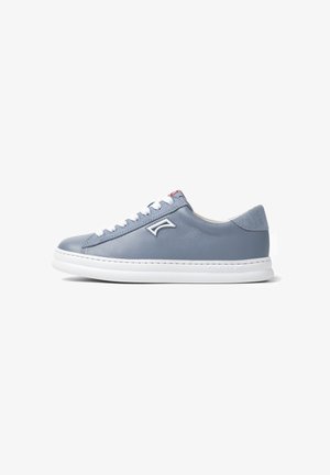 Blue leather sneaker, white rubber sole, round toe, classic lace-up design, smooth texture with a contrasting suede heel and logo detail.