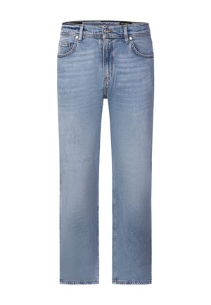 Jeans azzurro chiaro a gamba dritta con tasche frontali, passanti per cintura, chiusura con bottone e sottili dettagli sbiaditi su cosce e ginocchia.