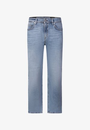 Lichtblauwe jeans met rechte pijpen, voorzakken, riemlussen, knoopsluiting en subtiele vervaagde details op dijen en knieën.