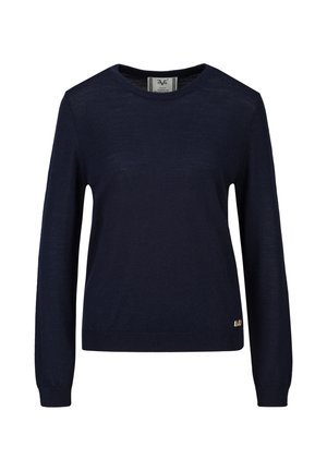 Pull bleu marine à manches longues avec col rond, poignets et bas côtelés, petite étiquette métallique de marque sur le côté inférieur gauche.