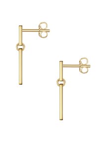 Uhani iz zlatone barve iz kovine, ki imajo linearen dizajn s krožnim poudarkom, ki povezuje palico in zatič. Gladek, eleganten zaključek.