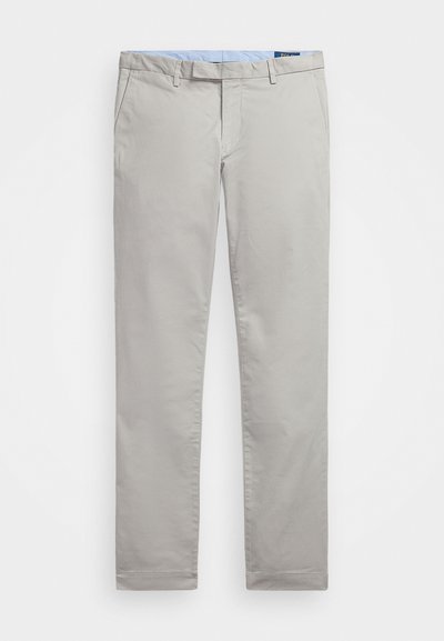 Light gray cotton chinos with a flat front design, belt loops, and side pockets. Smooth texture and straight leg fit.
