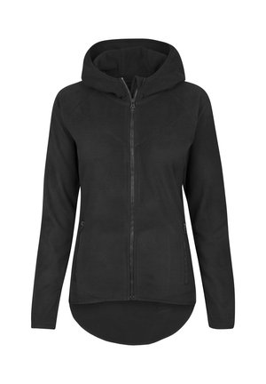 Must suurusega kapuutsi ja tõmblukuga pusa, pikkade varrukatega, ees taskud ja ümar lõikega serv, esitatud valgel taustal.