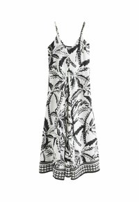 Čiernobiele bezramienkové šaty so vzorom palmového listu, priliehavým korzetom a voľnou sukňou s dekoratívnym lemom na okraji.