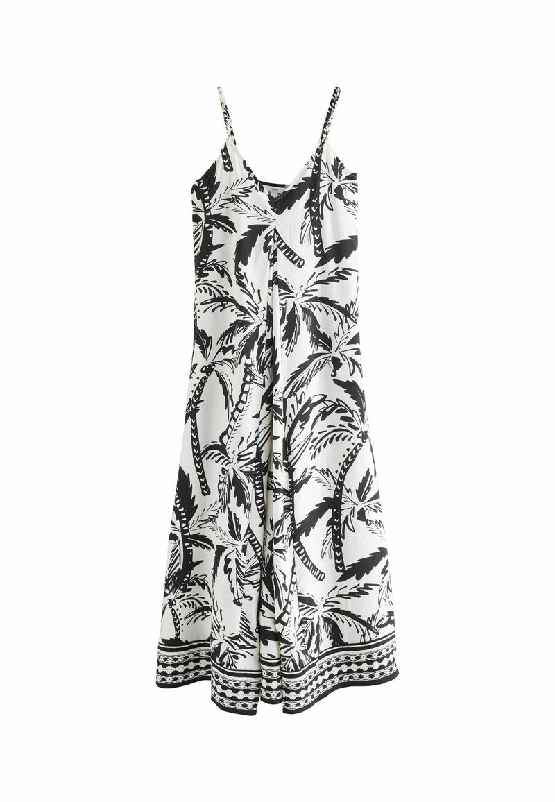 Čiernobiele bezramienkové šaty so vzorom palmového listu, priliehavým korzetom a voľnou sukňou s dekoratívnym lemom na okraji.