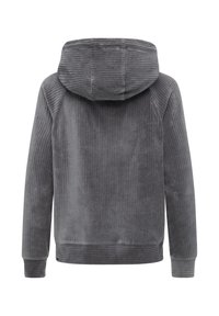 Grauer Kord-Hoodie mit einer gefütterten, strukturierten Oberfläche, verstellbarer Kapuze sowie gerippten Bündchen und Saum. Einfaches Rückendesign ohne sichtbare Logos.