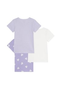 Two t-shirts: one solid white and one light purple with thin white stripes. Matching light purple leggings with white heart patterns.