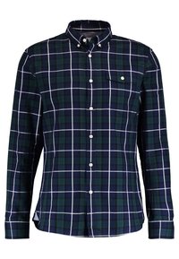 Camicia a maniche lunghe a quadri nei toni verde scuro e blu navy, con colletto button-down, bottoni bianchi e taschino al petto con pattina.