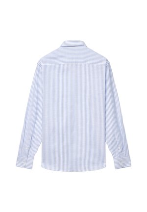 Camicia a maniche lunghe a righe bianche e blu con colletto button-down, orlo dritto e polsini con bottoni singoli. Tessuto di cotone.