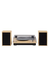 Turntable with transparent cover, wooden base, and two matching wooden speakers with black fabric fronts, creating a minimalist design.
