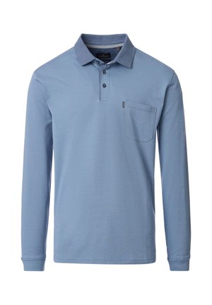 Langärmeliges Poloshirt in Hellblau mit geknöpftem Kragen, strukturiertem Stoff und einer Brusttasche.