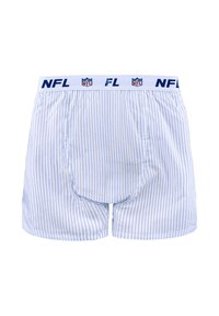 Weiße Boxershorts mit vertikalen hellblauen Streifen und einem weißen Bund mit blauem "NFL"-Text und NFL-Wappenlogos.