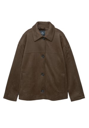 Giacca in suede marrone con colletto, chiusura frontale a bottoni, due tasche laterali e un semplice design cucito sul petto.