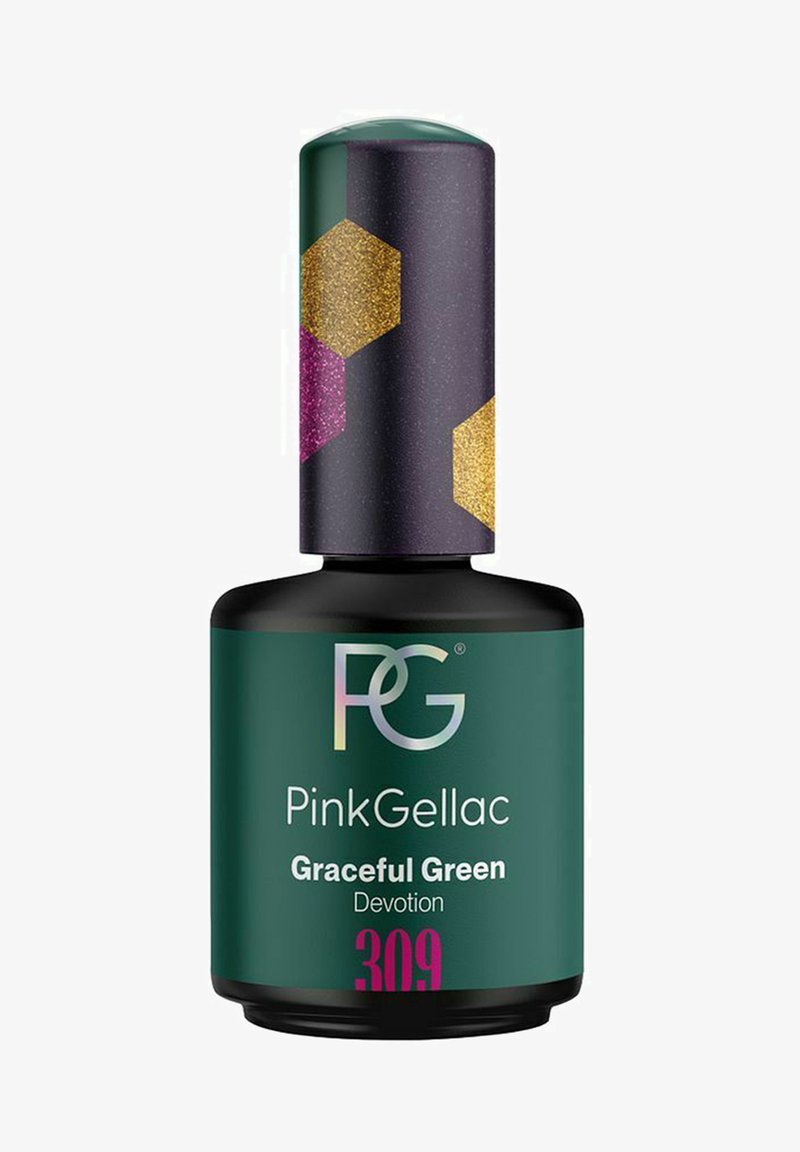 Nagellackflasche PinkGellac Graceful Green Devotion 309 mit dunkelgrünem Etikett und lila Deckel, dekoriert mit goldenen und pinken Sechsecken.