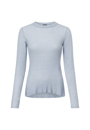 Helles blaues, geripptes Langarm-Oberteil mit Rundhalsausschnitt, etwas längerem Rücken und strukturiertem Stoff. Entworfen für eine taillierte Silhouette.
