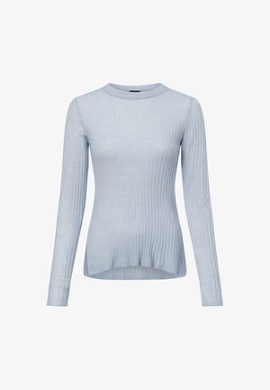 Lichtblauwe ribbelige top met lange mouwen, ronde hals, iets langere achterzoom en gestructureerde stof. Ontworpen voor een aansluitende silhouet.