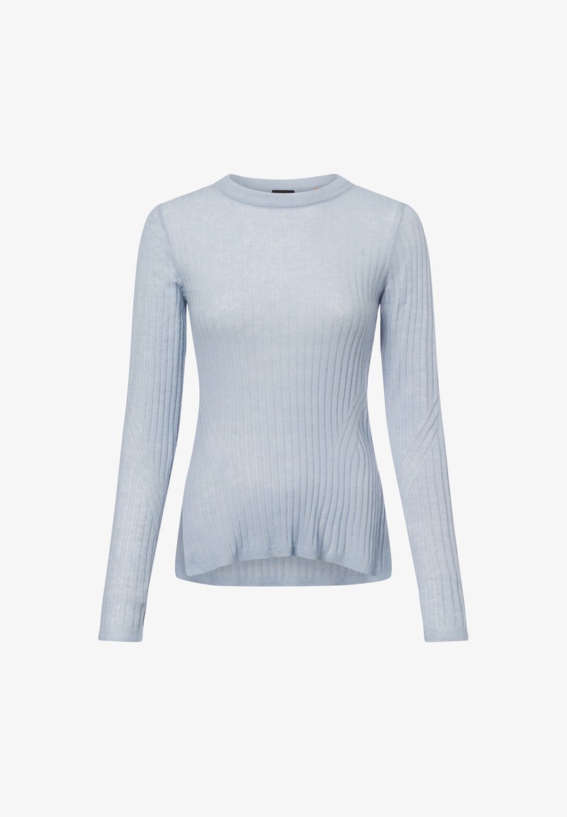 Helles blaues, geripptes Langarm-Oberteil mit Rundhalsausschnitt, etwas längerem Rücken und strukturiertem Stoff. Entworfen für eine taillierte Silhouette.