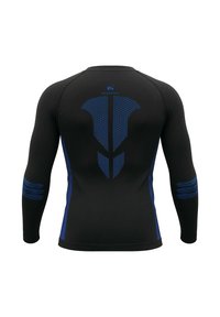 Long-sleeve athletic shirt in black with blue accents. Features a patterned back design and textured material with fitted cuffs.