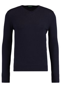 Marinblå, långärmad V-ringad tröja i mjukt tyg med ribbad mudd och nederkant, med en slät textur och minimalistisk design.