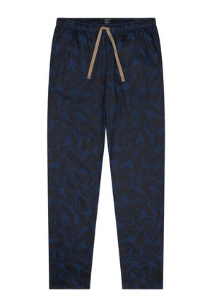 Navy blauwe loungebroek met een tonale abstracte print, elastische tailleband met koord en taps toelopende pijpen.