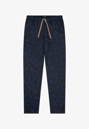 Mørkeblå loungebukser med et tonalt abstrakt mønster, elastisk talje med snøre og tapered bendesign.
