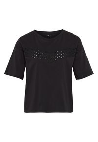 Černé tričko s krátkým rukávem, které má na hrudi texturovaný tkaný vzor s malými otvory, vyrobené z měkké tkaniny.