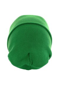 Zelena pletena kapa s mekim teksturom, zaobljenog oblika i rebrastog uzorka. Ima preklopni rub na obodu.