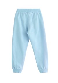 Helle blaue Jogginghosen aus weichem Stoff, mit elastischem Bund und gerippten Bündchen für eine enge Passform. Glatte Textur ohne Muster.
