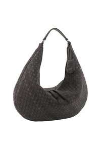 Dark grey woven leather shoulder bag with an asymmetrical shape, zip closure, and adjustable strap. Features a subtle logo tag.