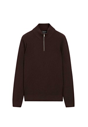 Burgundy ribbed sweater with a high neck and a quarter zip detail. Features long sleeves and a textured finish.