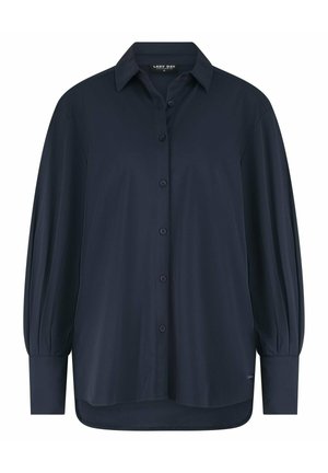 Navyblauwe button-up shirt van lichtgewicht stof, met een puntige kraag, lange pofmouwen en een gebogen zoom. Soepele textuur.