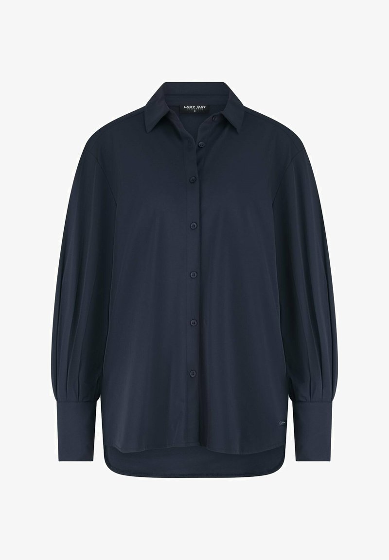 Navyblauwe button-up shirt van lichtgewicht stof, met een puntige kraag, lange pofmouwen en een gebogen zoom. Soepele textuur.