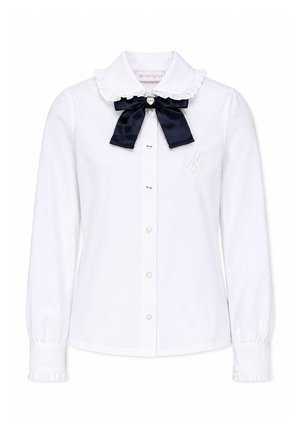Witte blouse met lange mouwen met gerimpelde kraag en manchetten, knopen aan de voorkant, geborduurd embleem en een zwarte satijnen strik bij de hals.