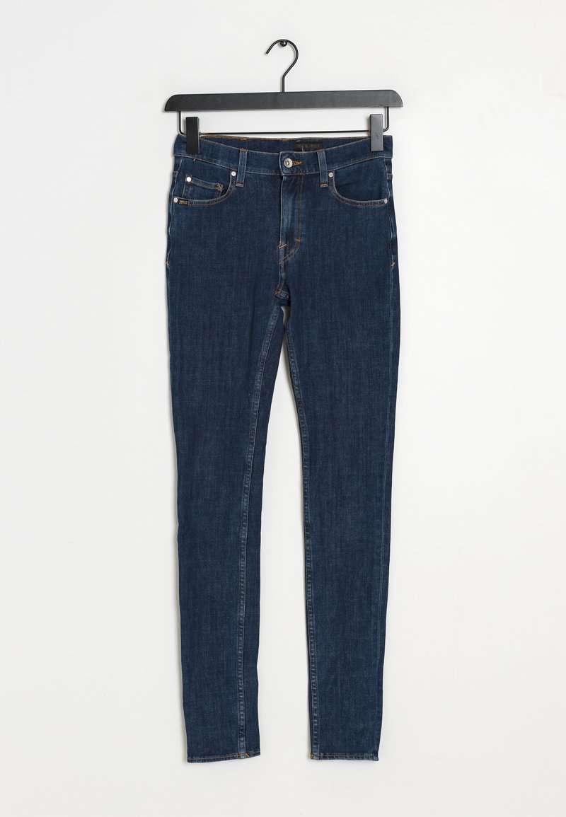 Tmavě modré džínové skinny džíny s středním pasem, pěti kapsami, oranžovým prošíváním a standardním zapínáním na knoflíky.