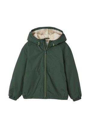 Dark green hooded jacket with front zipper and beige fleece lining inside the hood, elastic cuffs, and adjustable drawstrings.