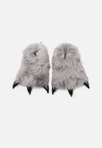 Grijze harige klauwvormige handschoenen met zwarte plastic klauwen, met een zachte textuur en een afgerond ontwerp, geschikt voor kostuums of noviteit. 