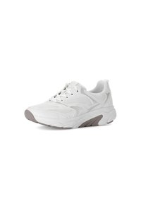 White athletic sneakers featuring a mesh upper, padded collar, lace-up front, and a thick, textured outsole in a muted gray tone.