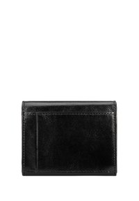 Cartera negra de cuero bifold con costuras visibles y un acabado suave mostrada cerrada sobre un fondo blanco.