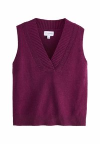 Ärmelloser V-Ausschnitt-Pullover in sattem Burgunderrot, aus 100 % Schurwolle gefertigt. Mit gerippten Details am Ausschnitt und Saum für zusätzliche Textur.