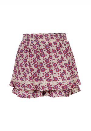 Bloemenpatroon rok met een elastische tailleband, beige achtergrond, rode en blauwe bloemen, gerimpelde zoom en kanten randaccenten.