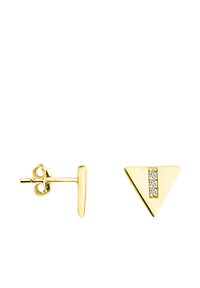 Orecchini a triangolo in tono oro con una fila centrale di tre strass trasparenti, dal finish lucido e raffinato. Design con chiusura a perno.