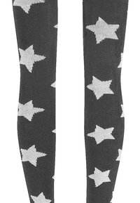 Leggings neri con un motivo di stelle bianche. Il tessuto appare morbido e ha una texture liscia, offrendo un design aderente.