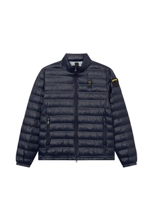 Mørkeblå quiltet jakke med fuld lynlås foran, to lynlåslommer, elastiske manchetter og brandlogoer på brystet og det øverste ærme.