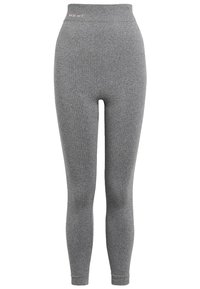 Leggings rayés gris avec une taille haute arborant un logo rose discret. Fabriqués dans un matériau doux et extensible pour le confort et la flexibilité.