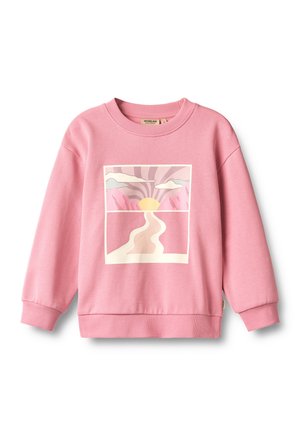 Sweat-shirt rose à manches longues avec un graphique représentant un chemin sinueux menant à un soleil jaune, des montagnes roses, des nuages et des lignes rayonnantes aux couleurs pastel douces.