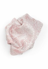 Rosa Stoff-Haargummi mit einer strukturierten, gemusterten Oberfläche, die weiße Akzente und komplexe Designs aufweist, sanft zerknüllt in Form.