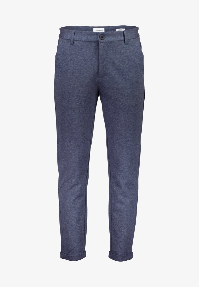 Men’s slim-fit navy blue casual trousers with button closure and cuffed hems.