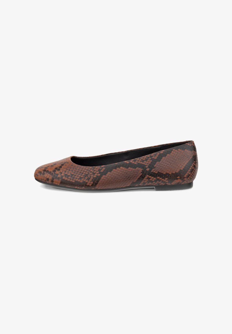 Snake-print ballet flat with a rounded toe, brown and black texture, smooth leather surface, and a low, flexible sole.