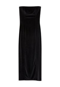 Vestido negro sin tirantes, hecho de suave terciopelo, con un corsé ajustado, silueta recta y dobladillo a la altura de la rodilla con textura lisa.