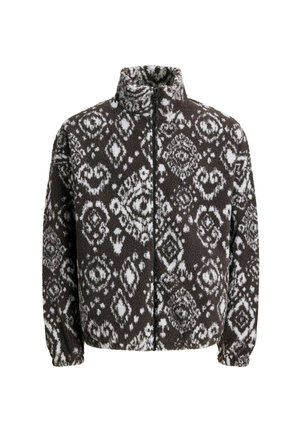 Brown and white fleece jacket with zip front, high collar, and all-over diamond and swirl pattern. Soft texture and long sleeves.